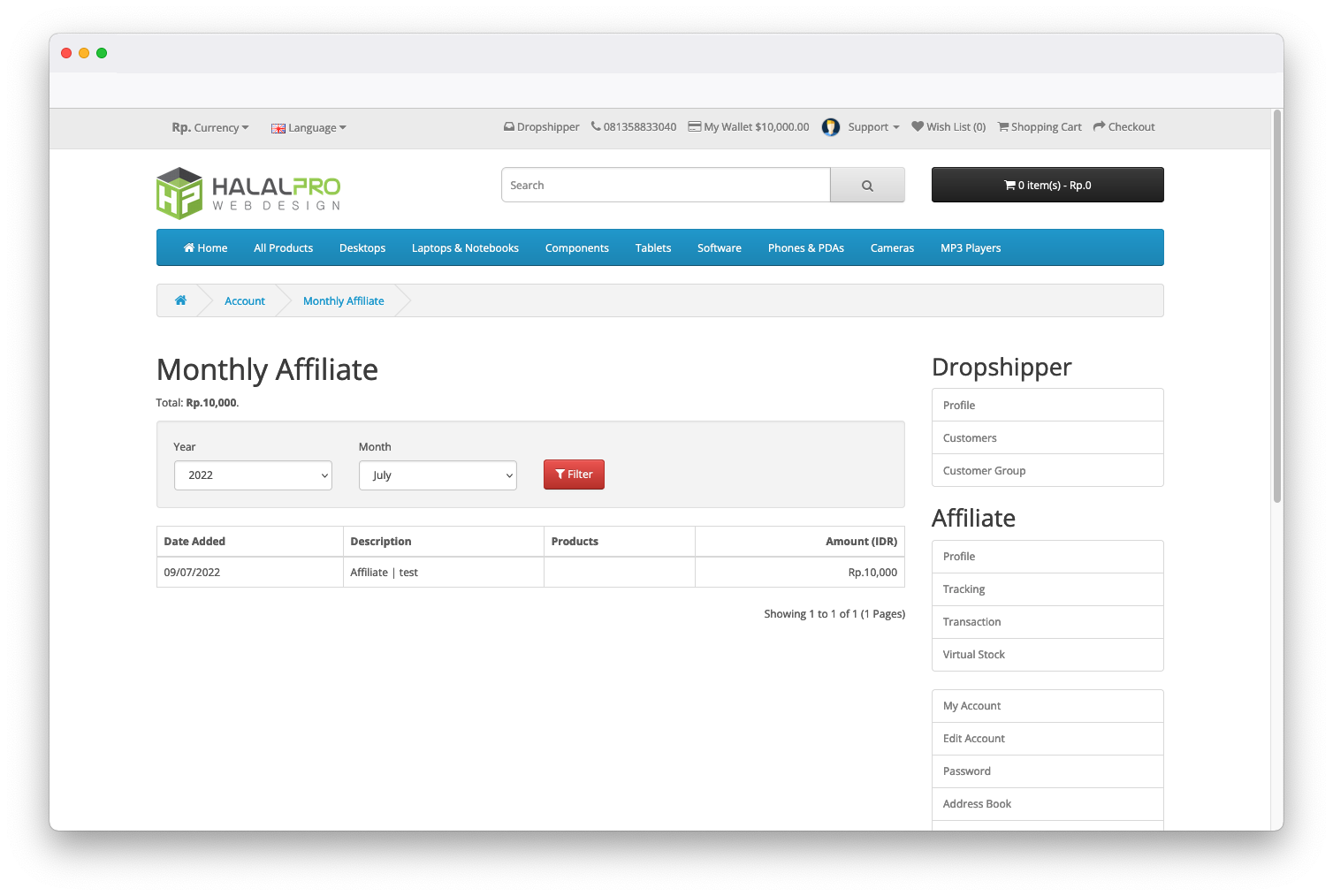 monthly affiliate report on opencart